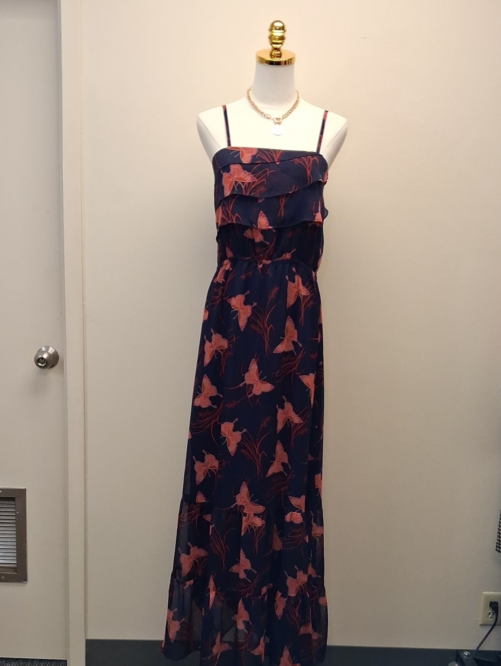 Express Floral Maxi Dress Navy Pink Ruffle Smocked Spaghetti Strap Size Small